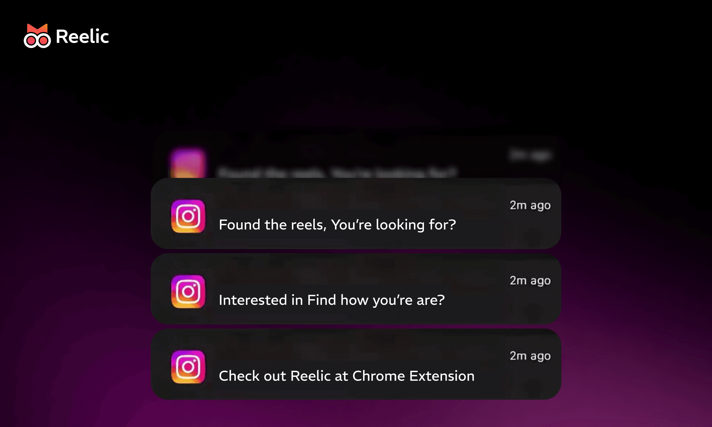 Reelic dashboard with analytics tiles, charts, and a list of saved Instagram reels