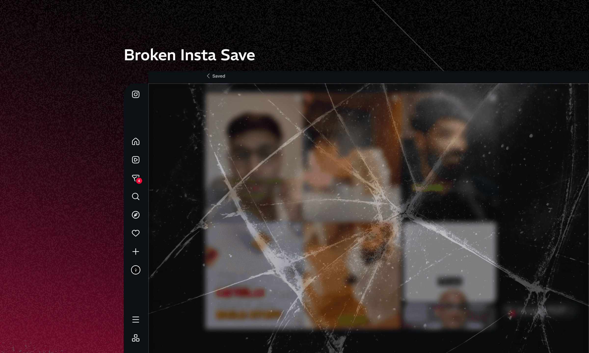 Endless Instagram saves grid with a magnifying glass icon overlaid